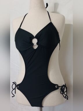 Black Cutout Monokini with Silver Ring Accent